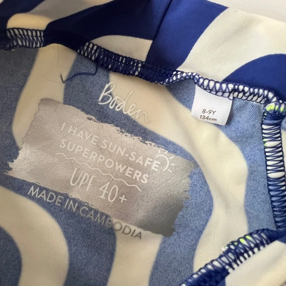 Mini Boden Rash Guard 8-9Y Blue Wavy Long Sleeve UPF 40+ Swim Shirt Top Kids